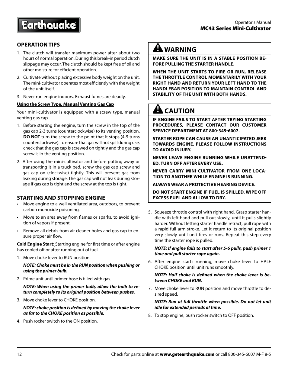 Caution, Warning | EarthQuake MC43E User Manual | Page 12 / 32