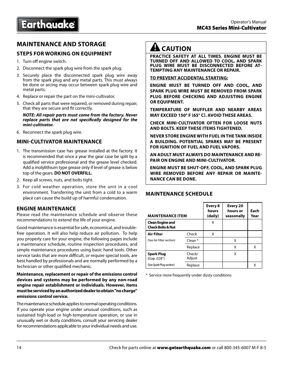 Caution, Maintenance and storage | EarthQuake MC43E User Manual | Page 14 / 32
