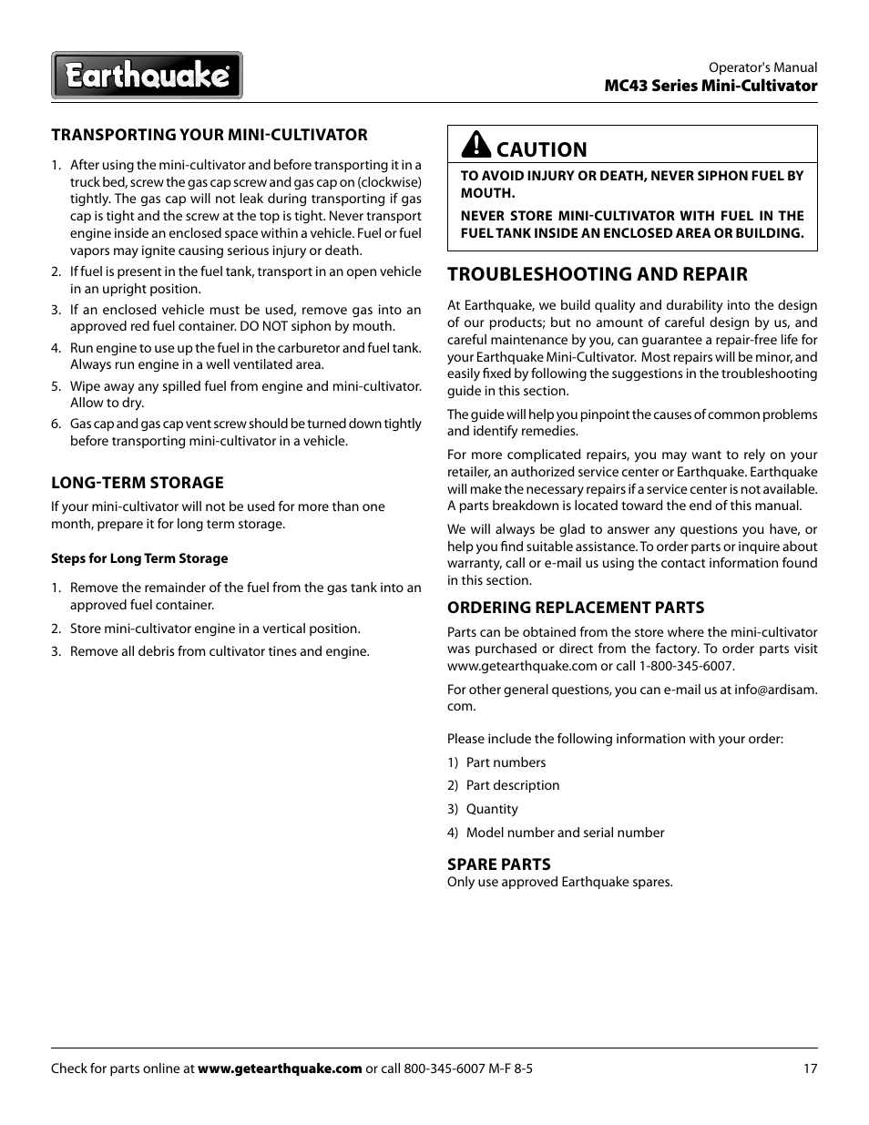 Caution, Troubleshooting and repair | EarthQuake MC43E User Manual | Page 17 / 32