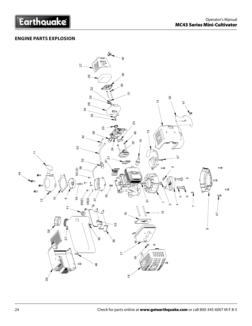 Mc43 series mini-cultivator, Engine parts explosion, Operator's manual | EarthQuake MC43E User Manual | Page 24 / 32