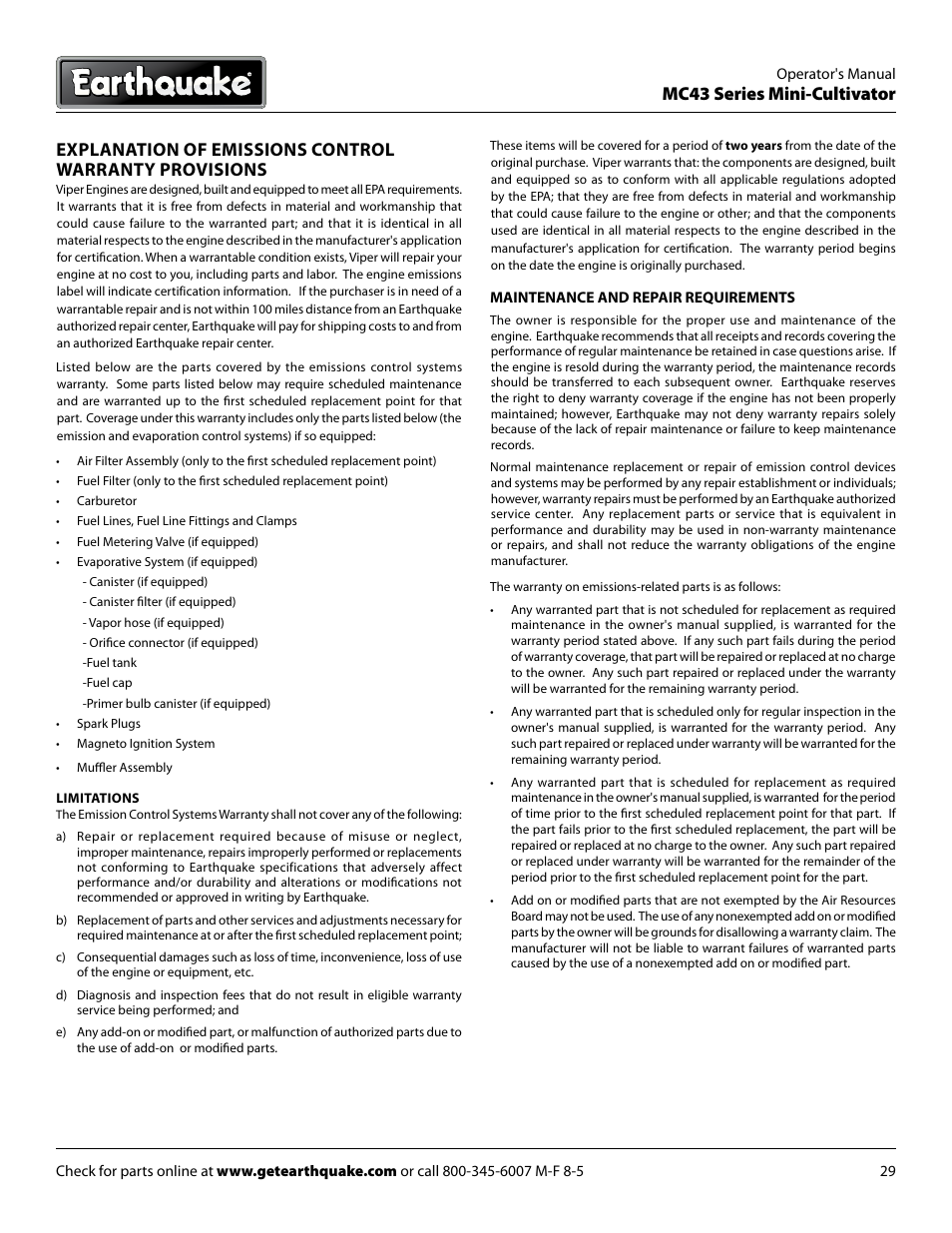 Mc43 series mini-cultivator | EarthQuake MC43E User Manual | Page 29 / 32