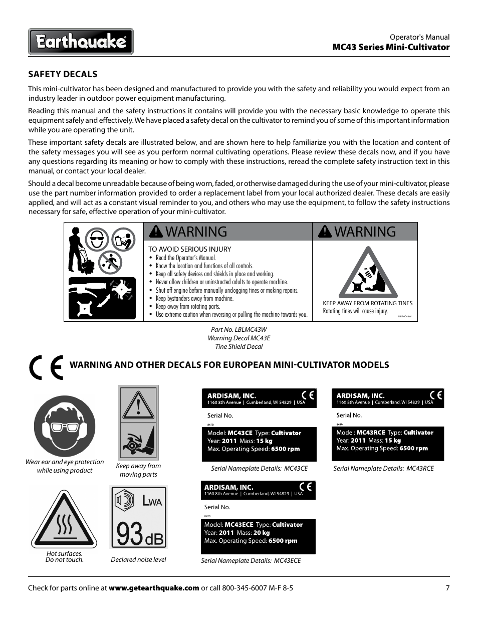 Warning, Mc43 series mini-cultivator, Safety decals | EarthQuake MC43E User Manual | Page 7 / 32