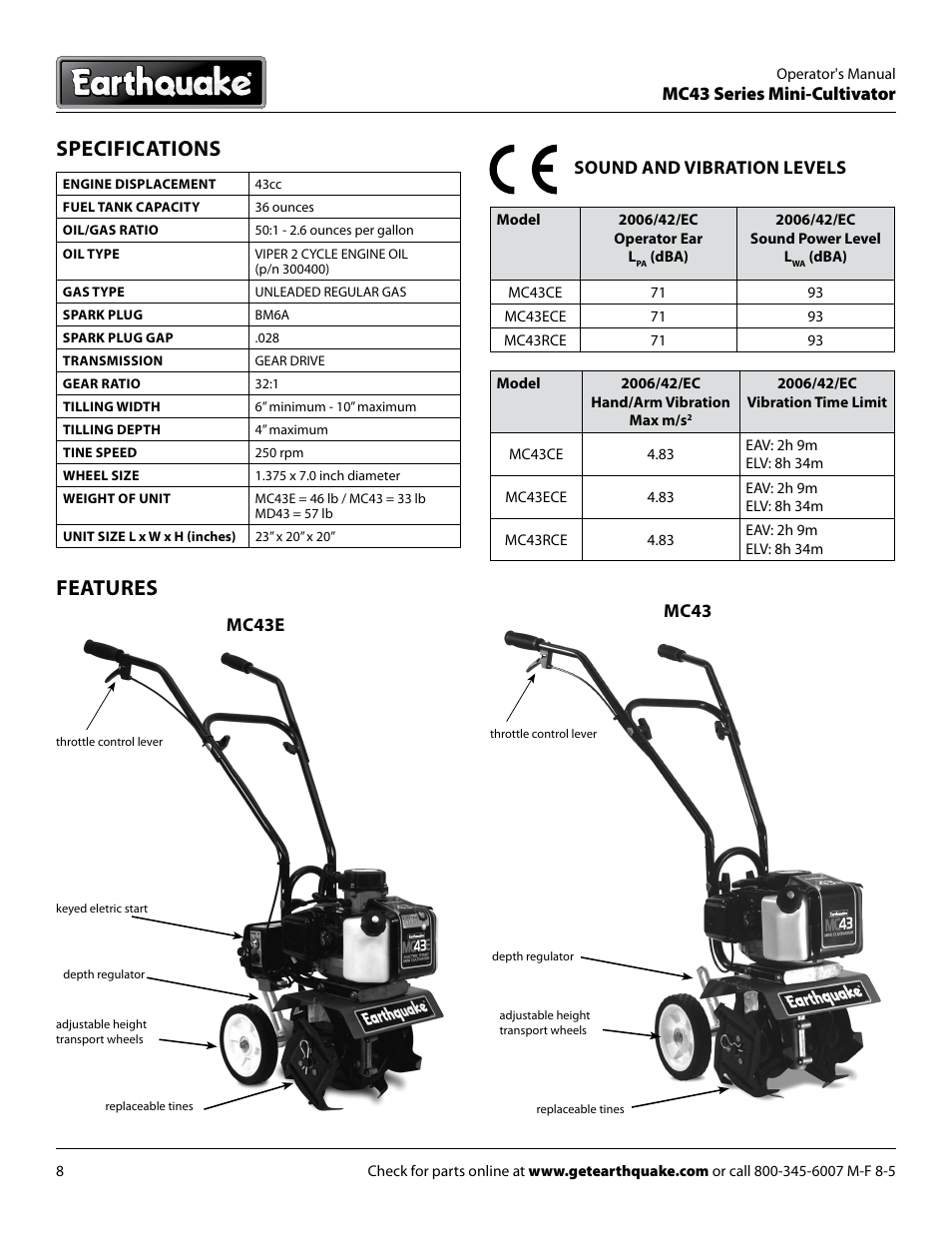 Specifications features, Mc43 series mini-cultivator, Mc43e mc43 | Sound and vibration levels | EarthQuake MC43E User Manual | Page 8 / 32