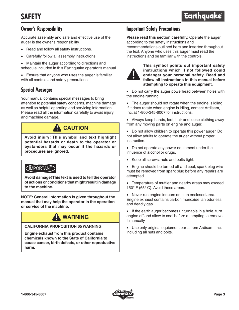 Safety, Owner's r, Special messages | Important safety p, Caution, Warning | EarthQuake E43 User Manual | Page 3 / 15