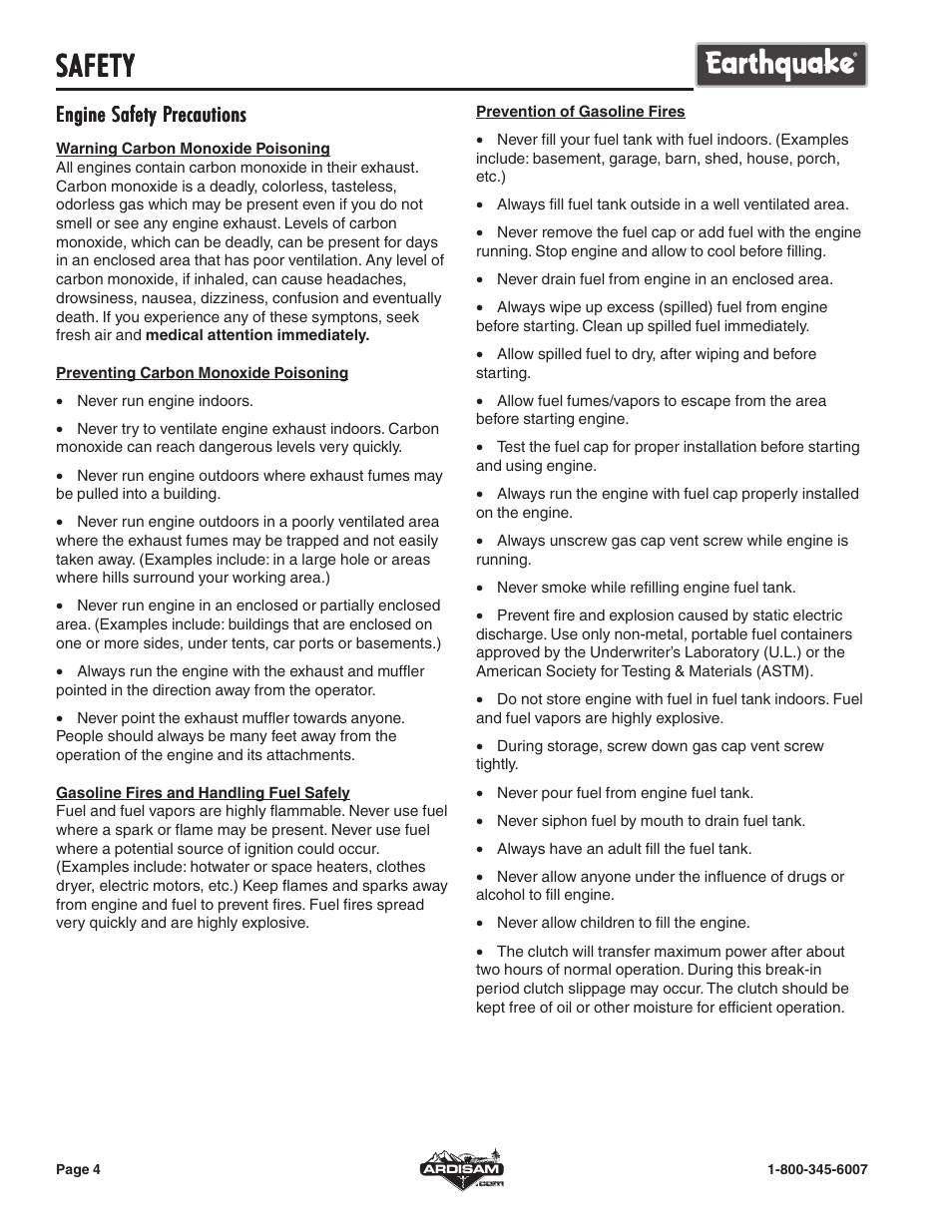 Safety, Engine safety p | EarthQuake E43 User Manual | Page 4 / 15