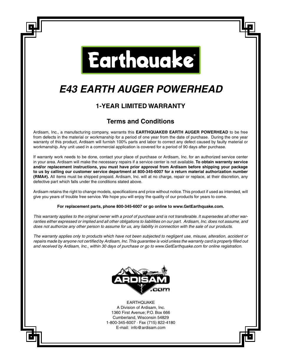 E43 earth auger powerhead, Year limited warranty terms and conditions | EarthQuake E43 User Manual | Page 19 / 20