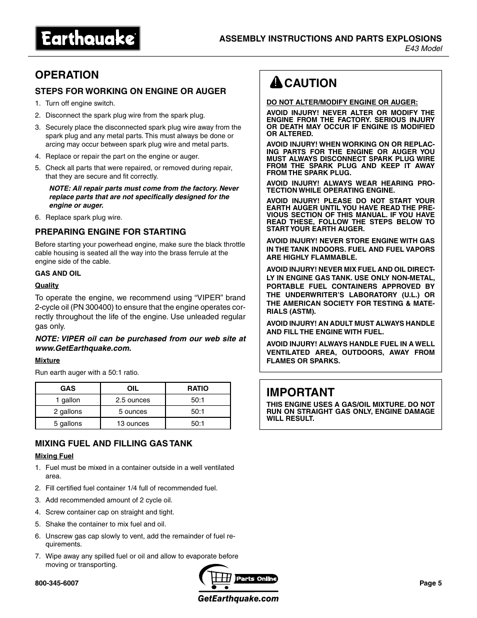 Caution, Important, Operation | EarthQuake E43 User Manual | Page 5 / 20