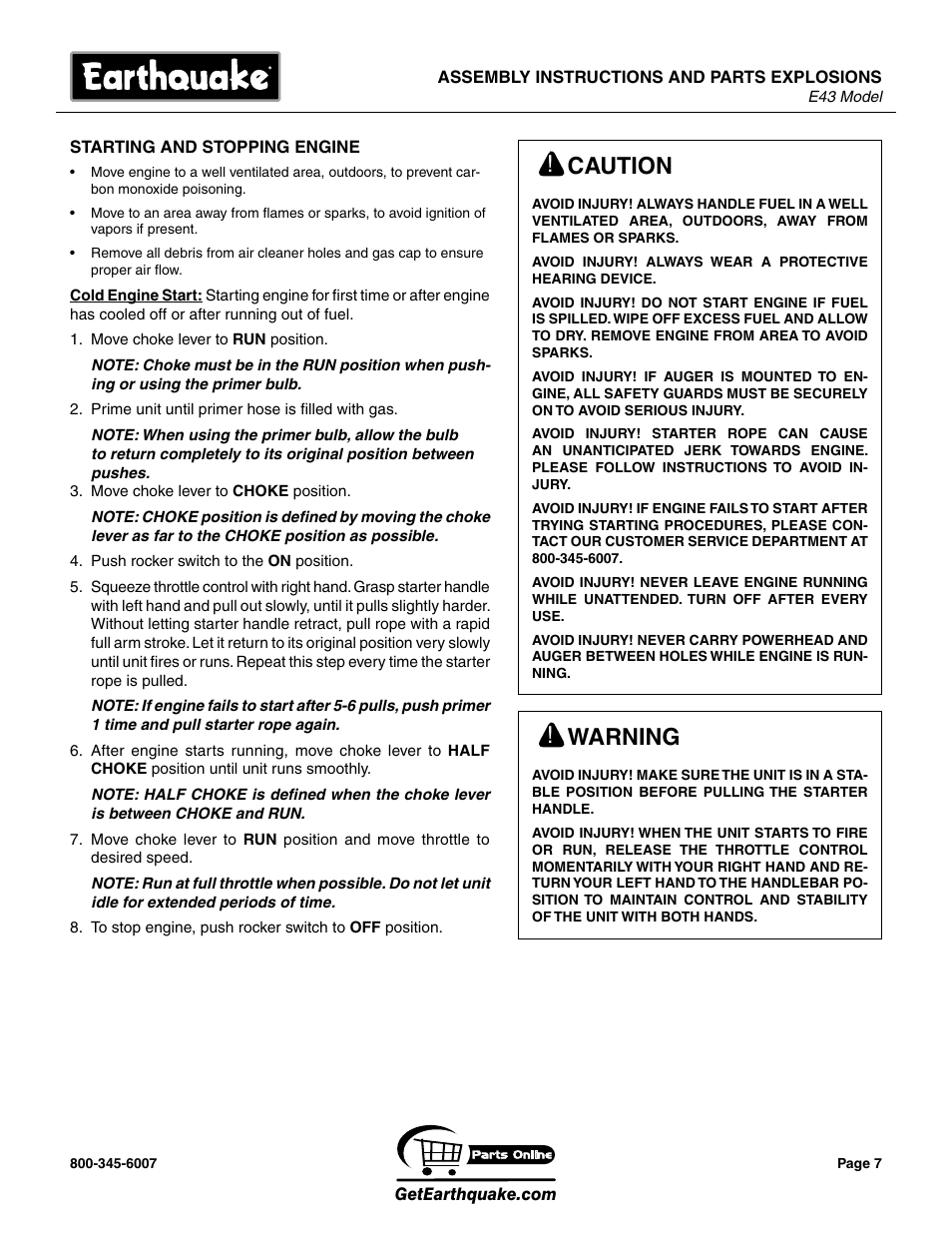 Caution, Warning | EarthQuake E43 User Manual | Page 7 / 20