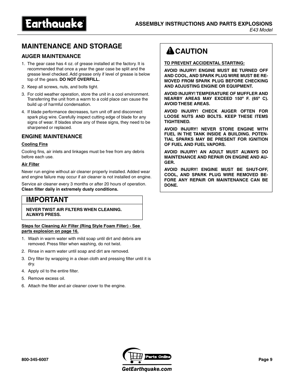 Caution, Important, Maintenance and storage | EarthQuake E43 User Manual | Page 9 / 20