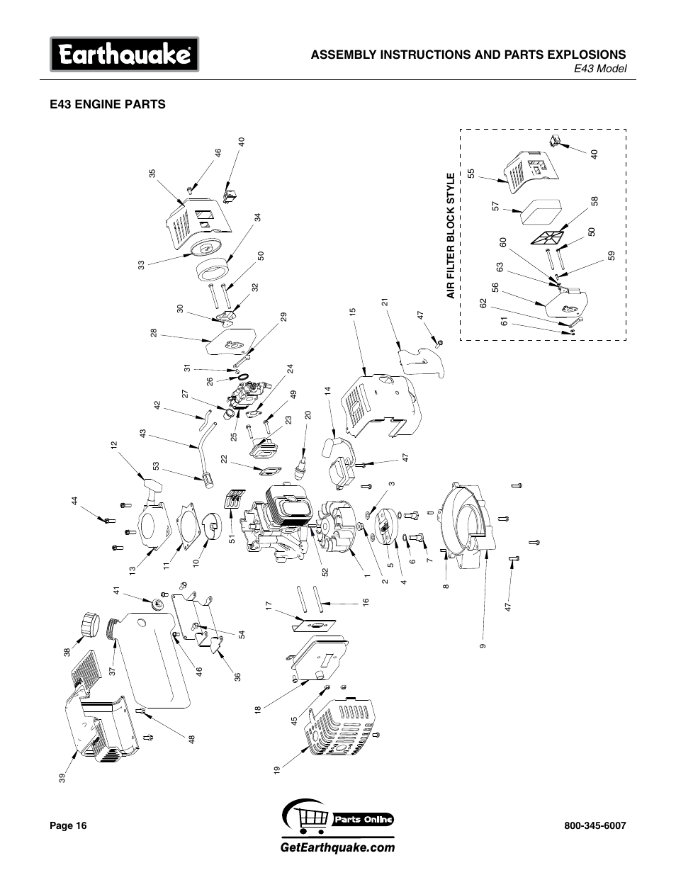 Assembly instructions and parts explosions, E43 engine parts | EarthQuake E43 User Manual | Page 16 / 24