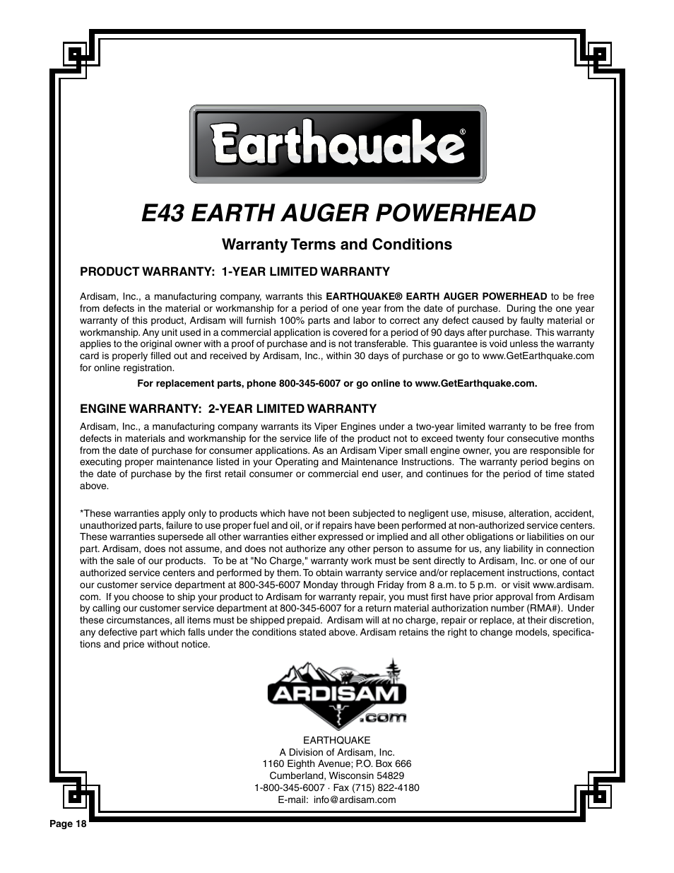 E43 earth auger powerhead, Warranty terms and conditions | EarthQuake E43 User Manual | Page 18 / 24