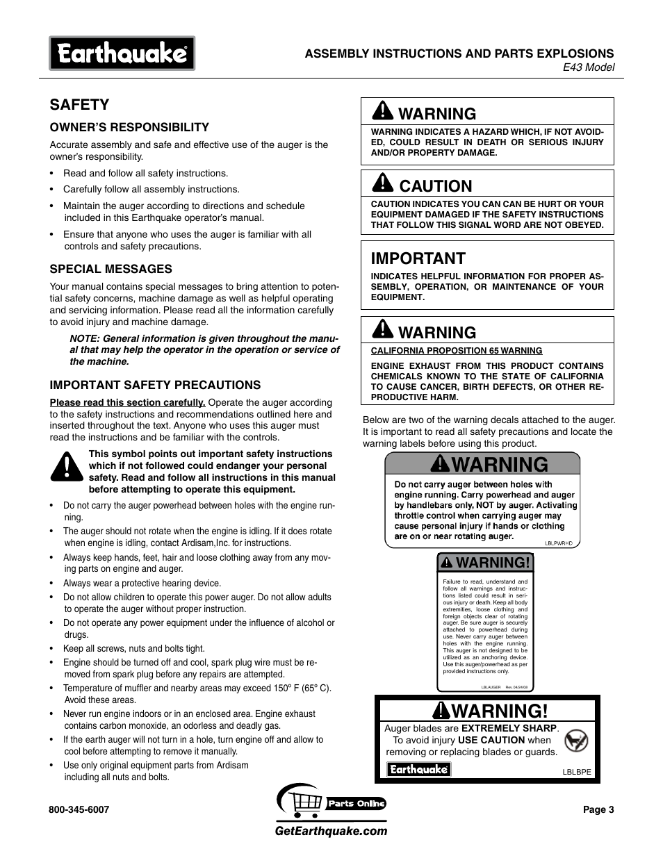 Warning, Caution, Important | Safety | EarthQuake E43 User Manual | Page 3 / 24