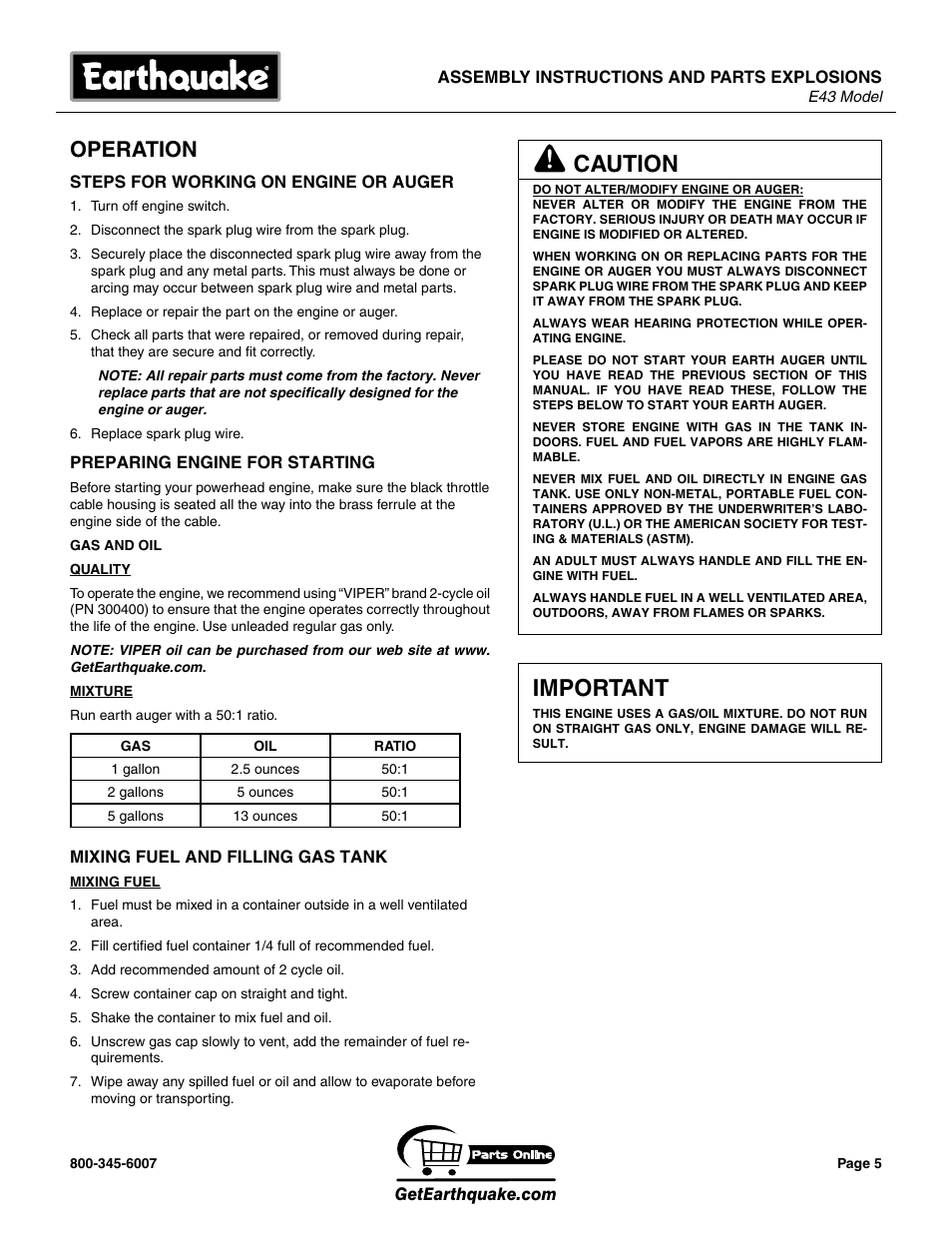 Caution, Important, Operation | EarthQuake E43 User Manual | Page 5 / 24