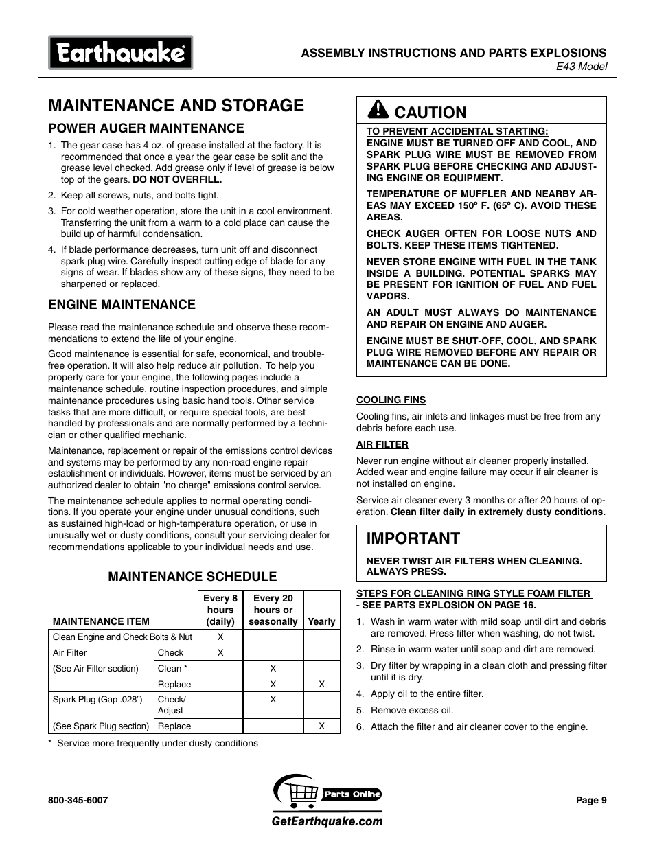 Maintenance and storage, Important, Caution | EarthQuake E43 User Manual | Page 9 / 24
