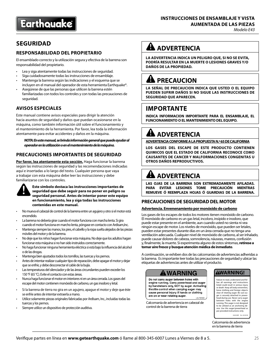 Advertencia, Precaucion, Importante | Seguridad, Warning, Responsabilidad del propietario, Avisos especiales, Precauciones importantes de seguridad, Precauciones de seguridad del motor | EarthQuake E43 User Manual | Page 25 / 92