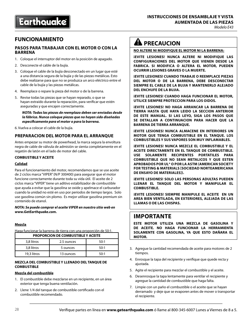 Precaucion, Importante, Funcionamiento | EarthQuake E43 User Manual | Page 28 / 92