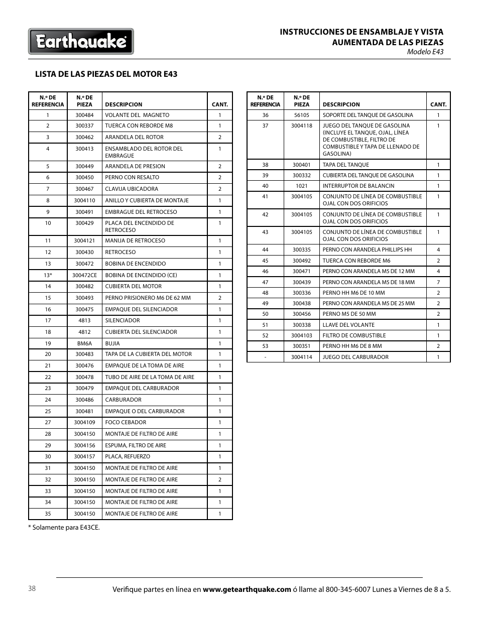 Lista de las piezas del motor e43 | EarthQuake E43 User Manual | Page 38 / 92