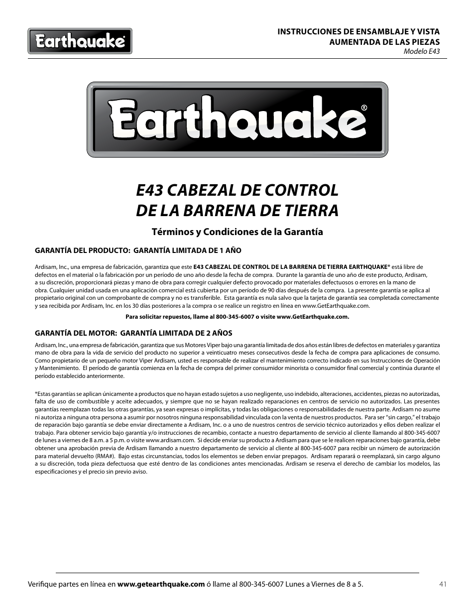 E43 cabezal de control de la barrena de tierra | EarthQuake E43 User Manual | Page 41 / 92