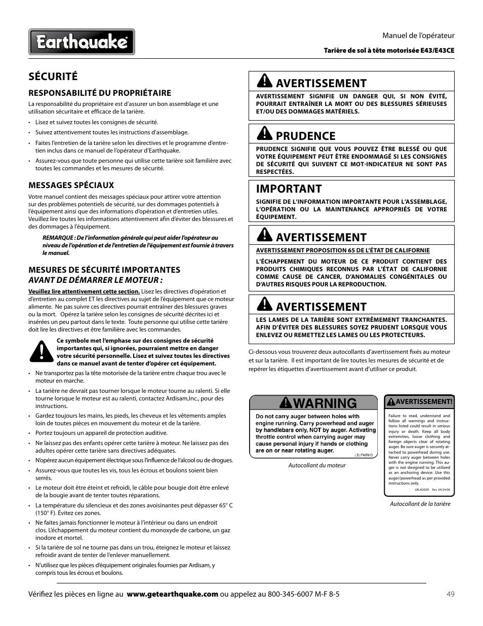 Avertissement, Prudence, Important | Sécurité, Responsabilité du propriétaire, Messages spéciaux | EarthQuake E43 User Manual | Page 49 / 92