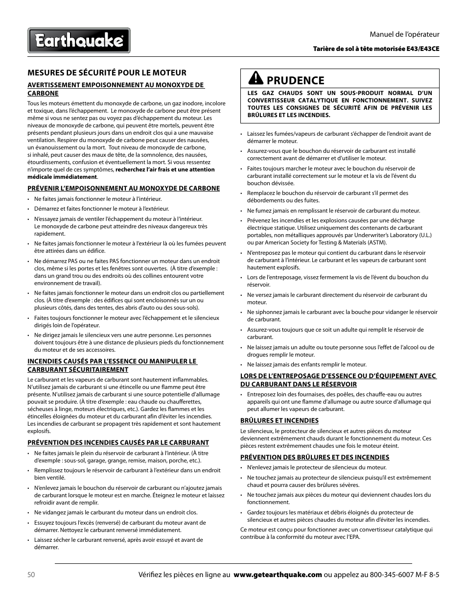 Prudence, Mesures de sécurité pour le moteur | EarthQuake E43 User Manual | Page 50 / 92
