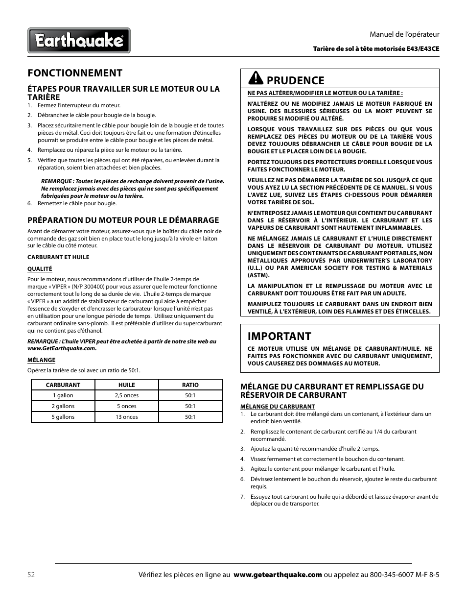 Prudence, Important, Fonctionnement | Étapes pour travailler sur le moteur ou la tarière, Préparation du moteur pour le démarrage | EarthQuake E43 User Manual | Page 52 / 92
