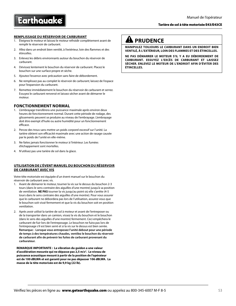 Prudence, Fonctionnement normal | EarthQuake E43 User Manual | Page 53 / 92