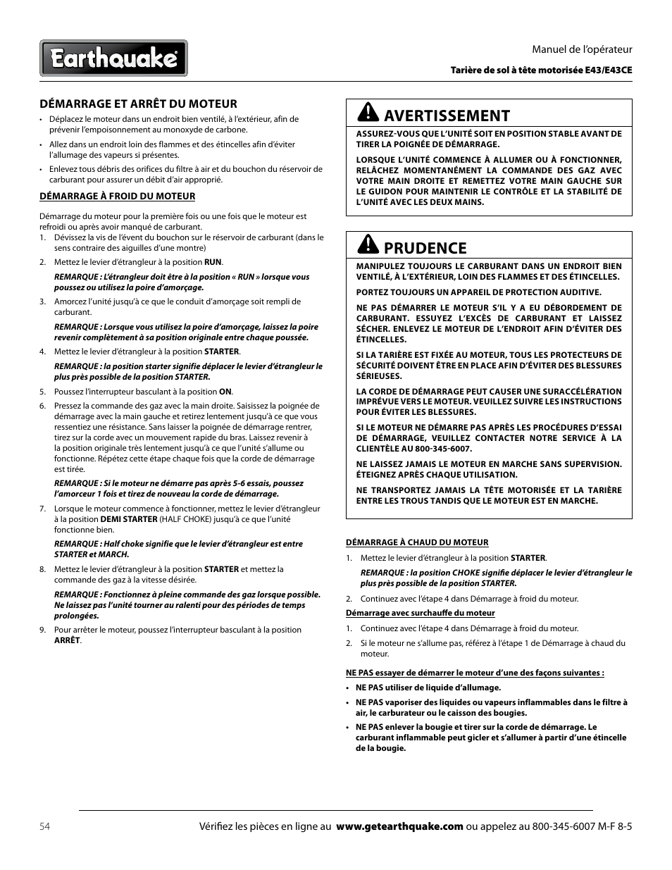 Prudence, Avertissement, Démarrage et arrêt du moteur | EarthQuake E43 User Manual | Page 54 / 92