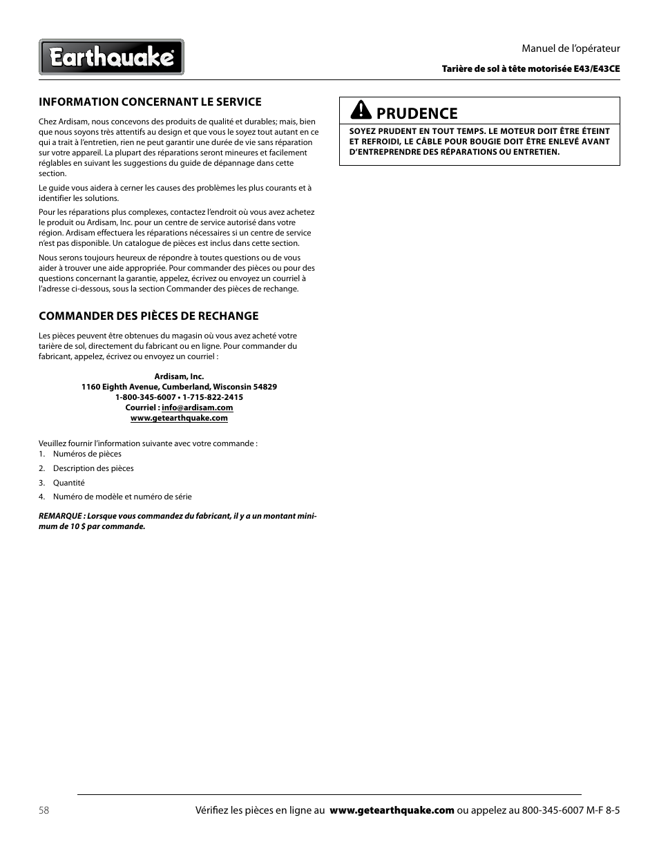 Prudence, Information concernant le service, Commander des pièces de rechange | EarthQuake E43 User Manual | Page 58 / 92