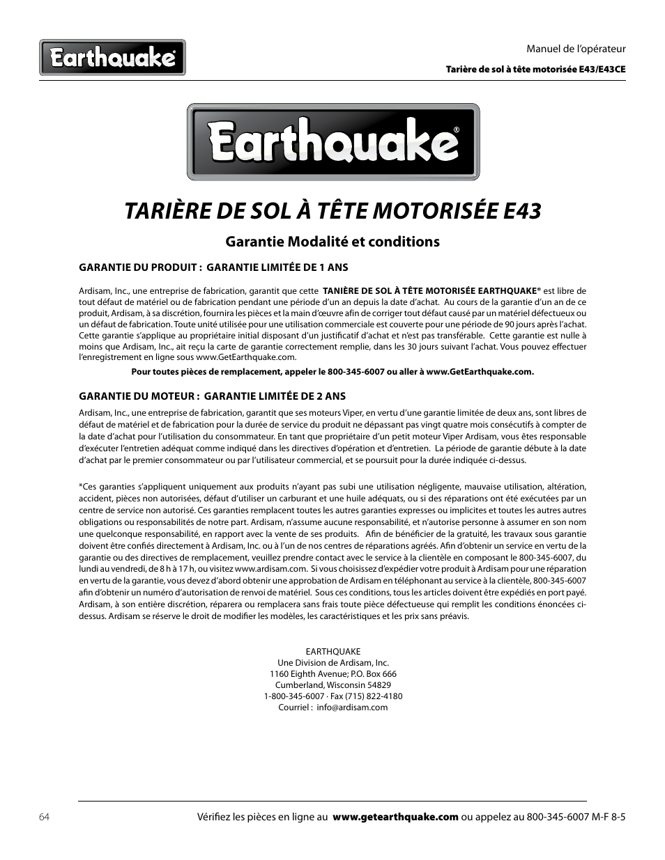 Tarière de sol à tête motorisée e43, Garantie modalité et conditions | EarthQuake E43 User Manual | Page 64 / 92