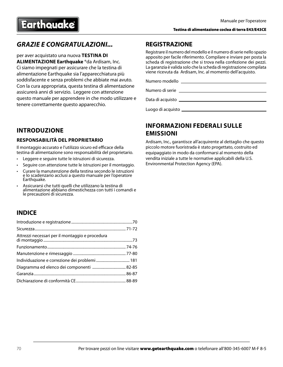 Grazie e congratulazioni, Introduzione, Indice | Registrazione, Informazioni federali sulle emissioni | EarthQuake E43 User Manual | Page 70 / 92