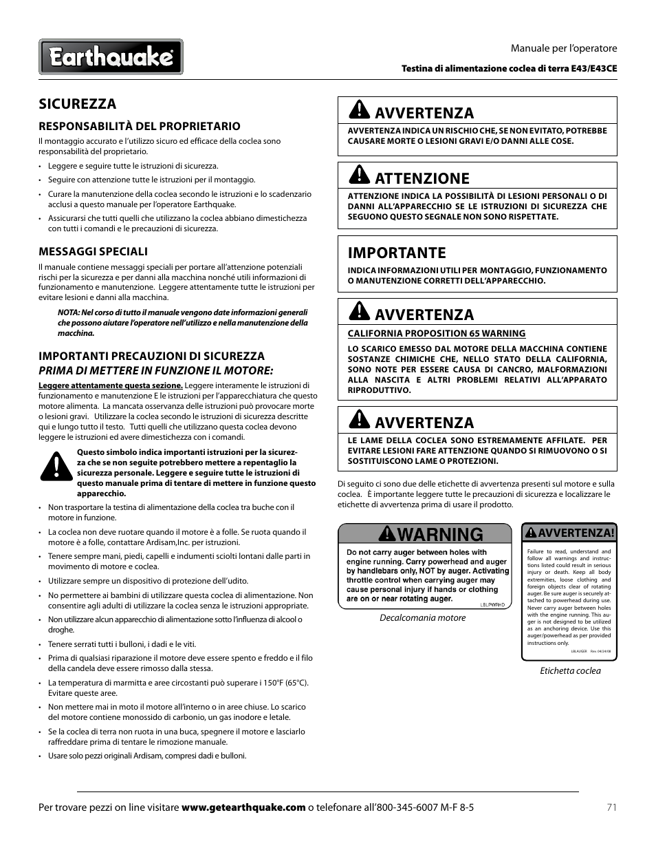 Avvertenza, Attenzione, Importante | Sicurezza, Responsabilità del proprietario, Messaggi speciali | EarthQuake E43 User Manual | Page 71 / 92