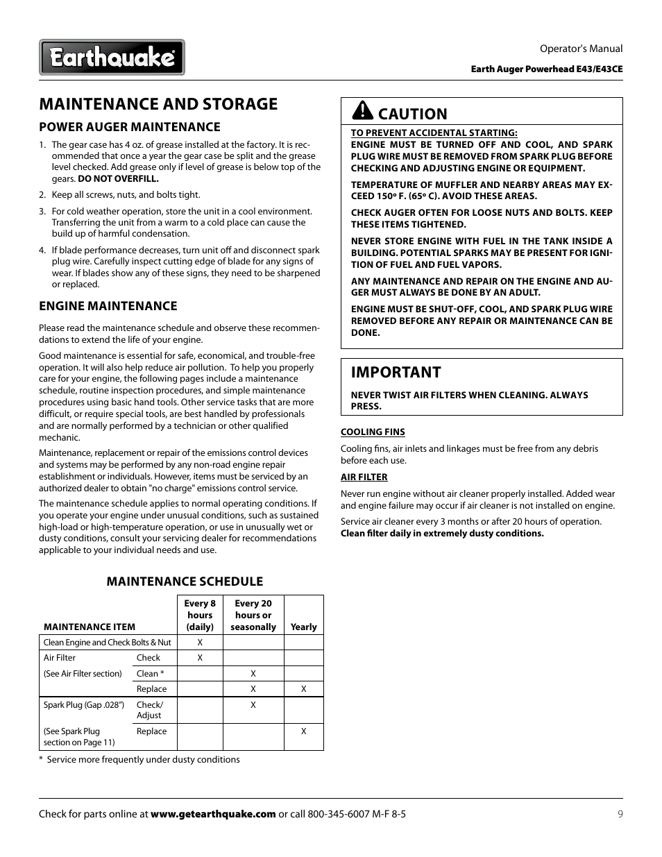 Maintenance and storage, Important, Caution | Power auger maintenance, Engine maintenance, Maintenance schedule | EarthQuake E43 User Manual | Page 9 / 92