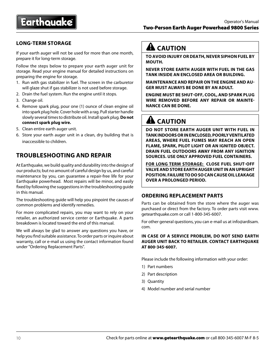 Caution, Troubleshooting and repair | EarthQuake 9800B User Manual | Page 10 / 16