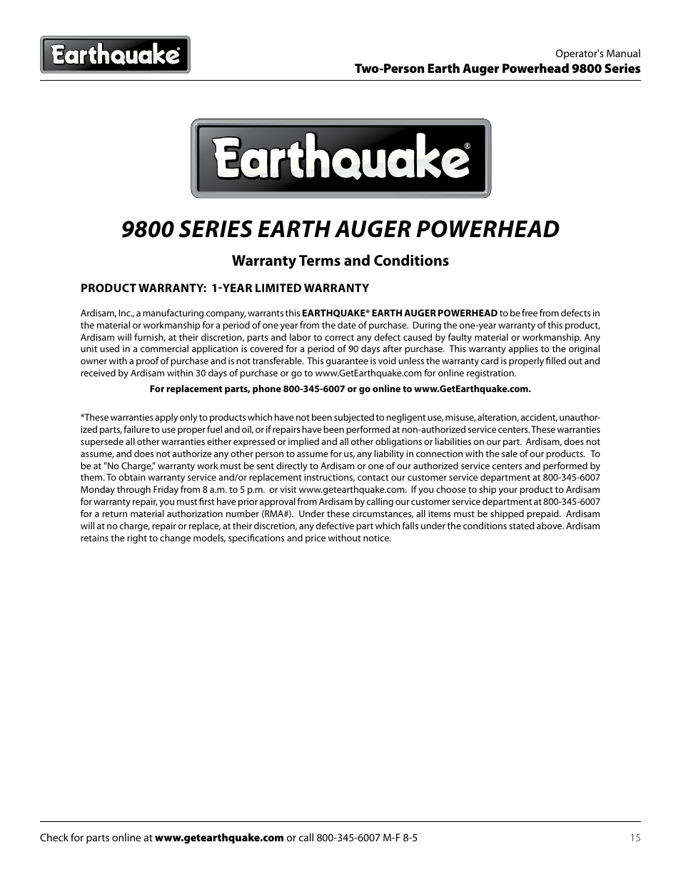 9800 series earth auger powerhead, Warranty terms and conditions | EarthQuake 9800B User Manual | Page 15 / 16