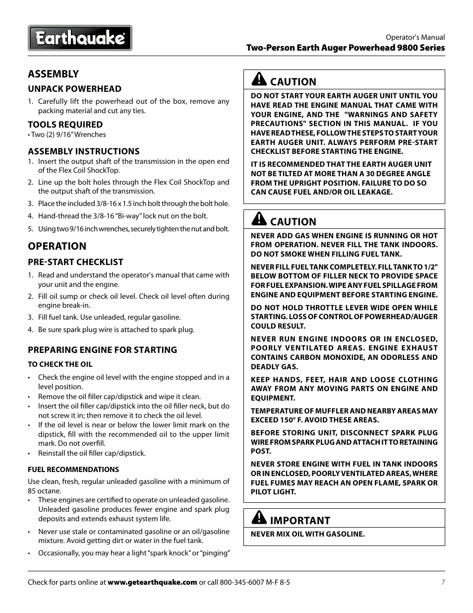 Caution, Important, Assembly operation | EarthQuake 9800B User Manual | Page 7 / 16