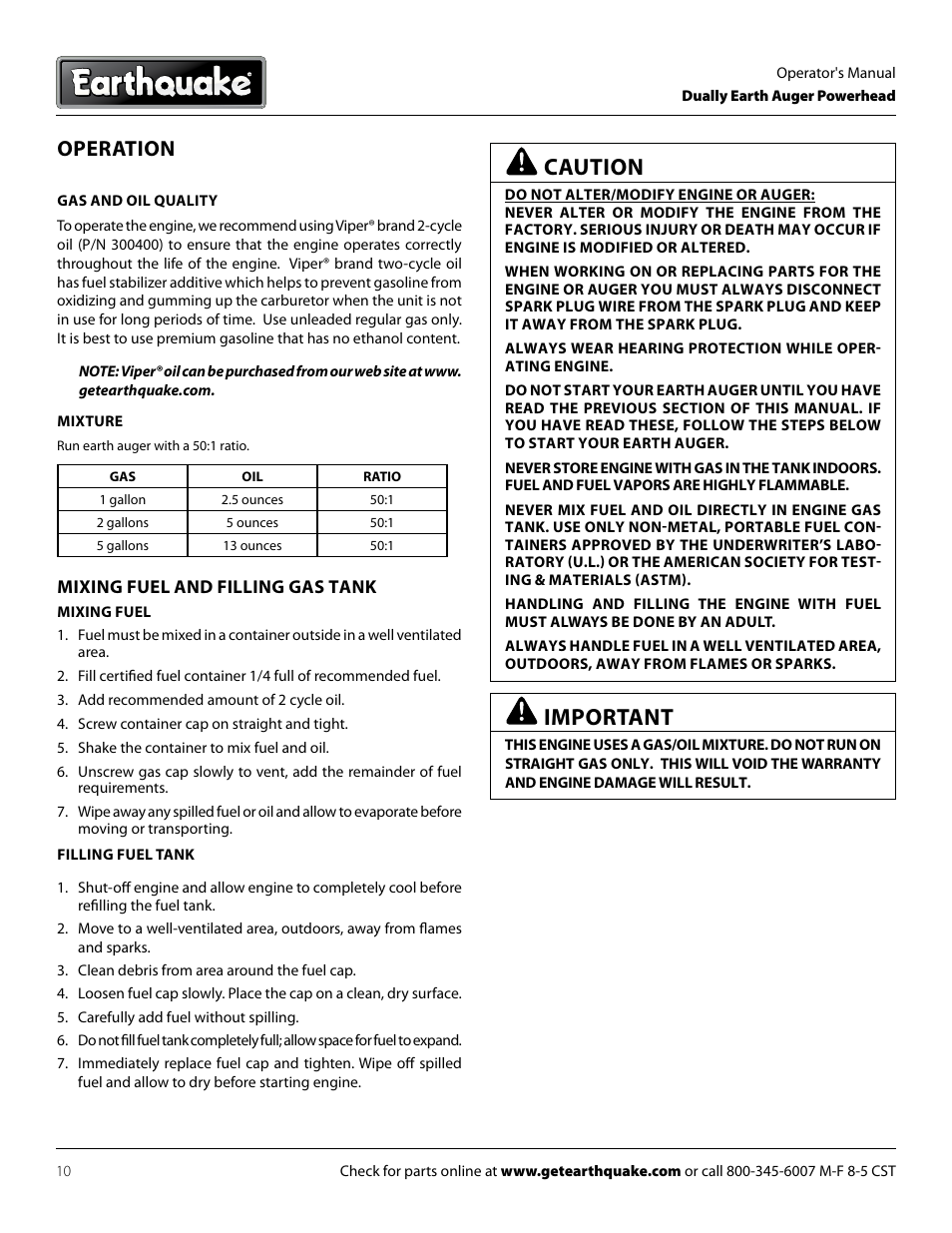 Caution, Important, Operation | EarthQuake 10310 User Manual | Page 10 / 24