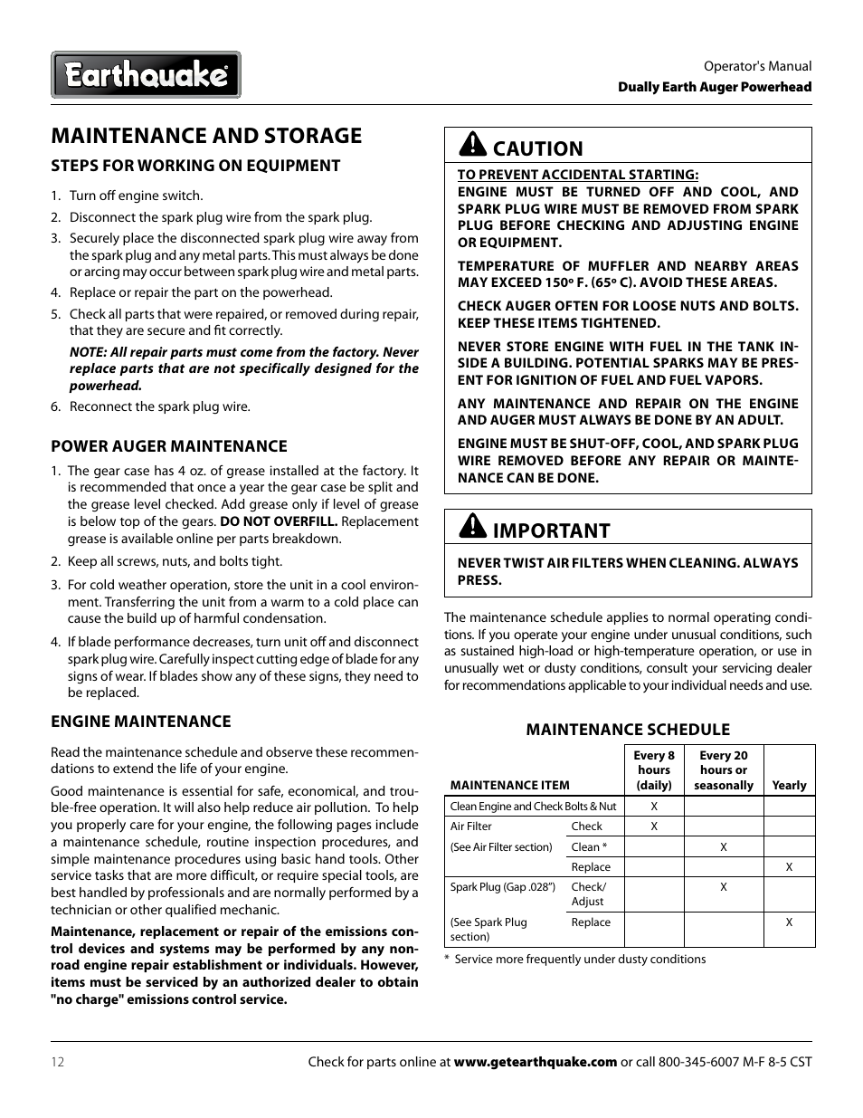 Maintenance and storage, Caution, Important | EarthQuake 10310 User Manual | Page 12 / 24