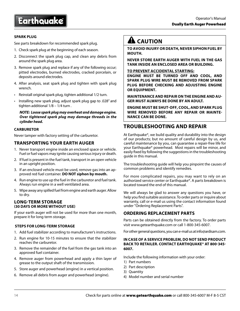 Caution, Troubleshooting and repair | EarthQuake 10310 User Manual | Page 14 / 24