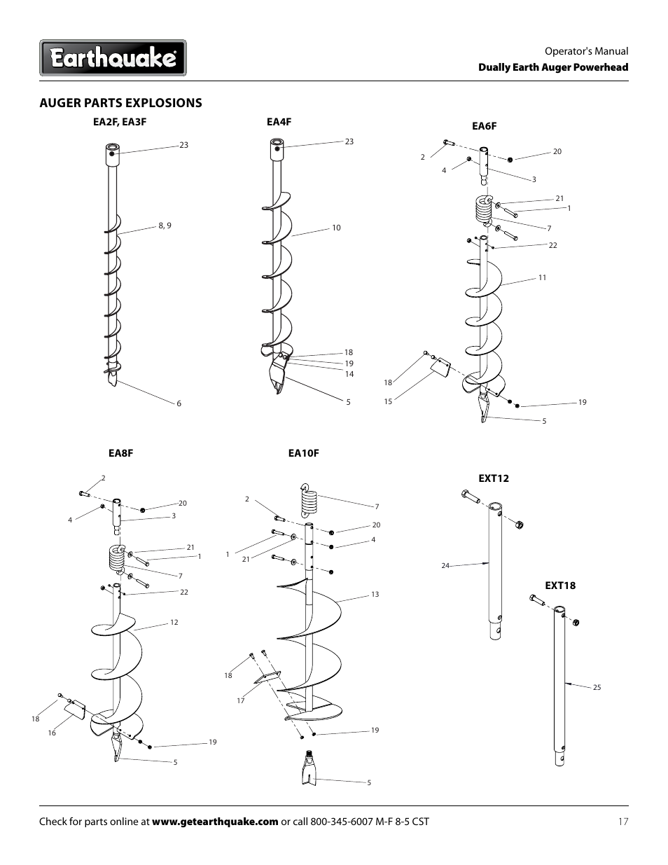 Auger parts explosions, Ext12, Ext18 | EarthQuake 10310 User Manual | Page 17 / 24