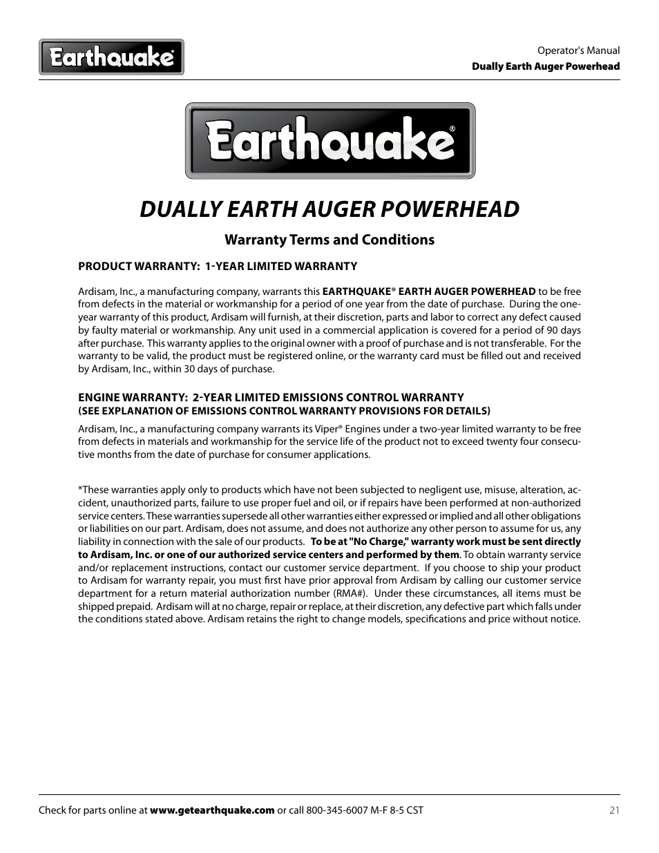 Dually earth auger powerhead, Warranty terms and conditions | EarthQuake 10310 User Manual | Page 21 / 24