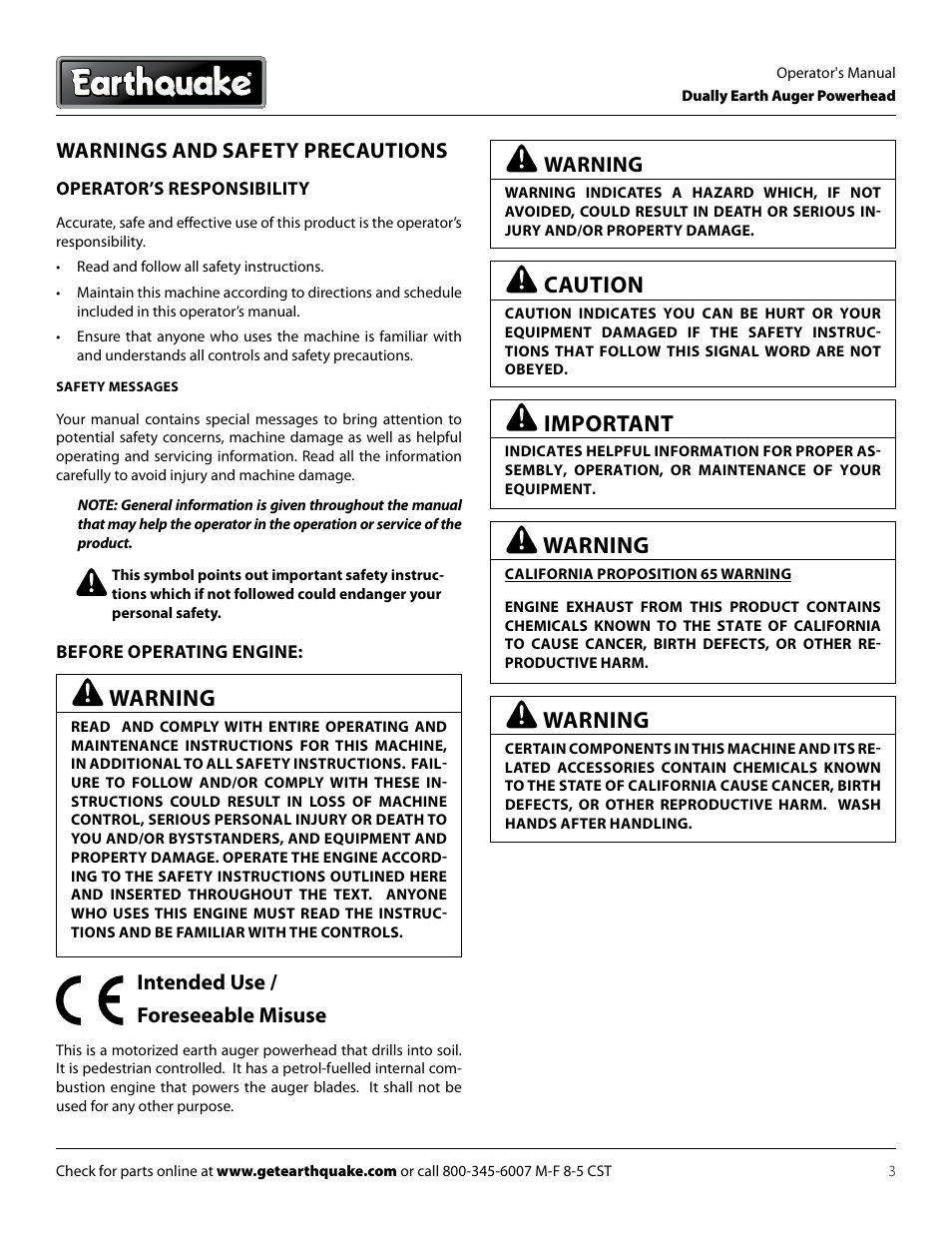 Caution, Important, Warnings and safety precautions | Warning, Intended use / foreseeable misuse | EarthQuake 10310 User Manual | Page 3 / 24