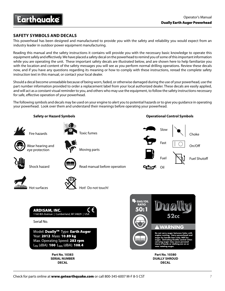 1 52cc, Safety symbols and decals, Warning | EarthQuake 10310 User Manual | Page 7 / 24
