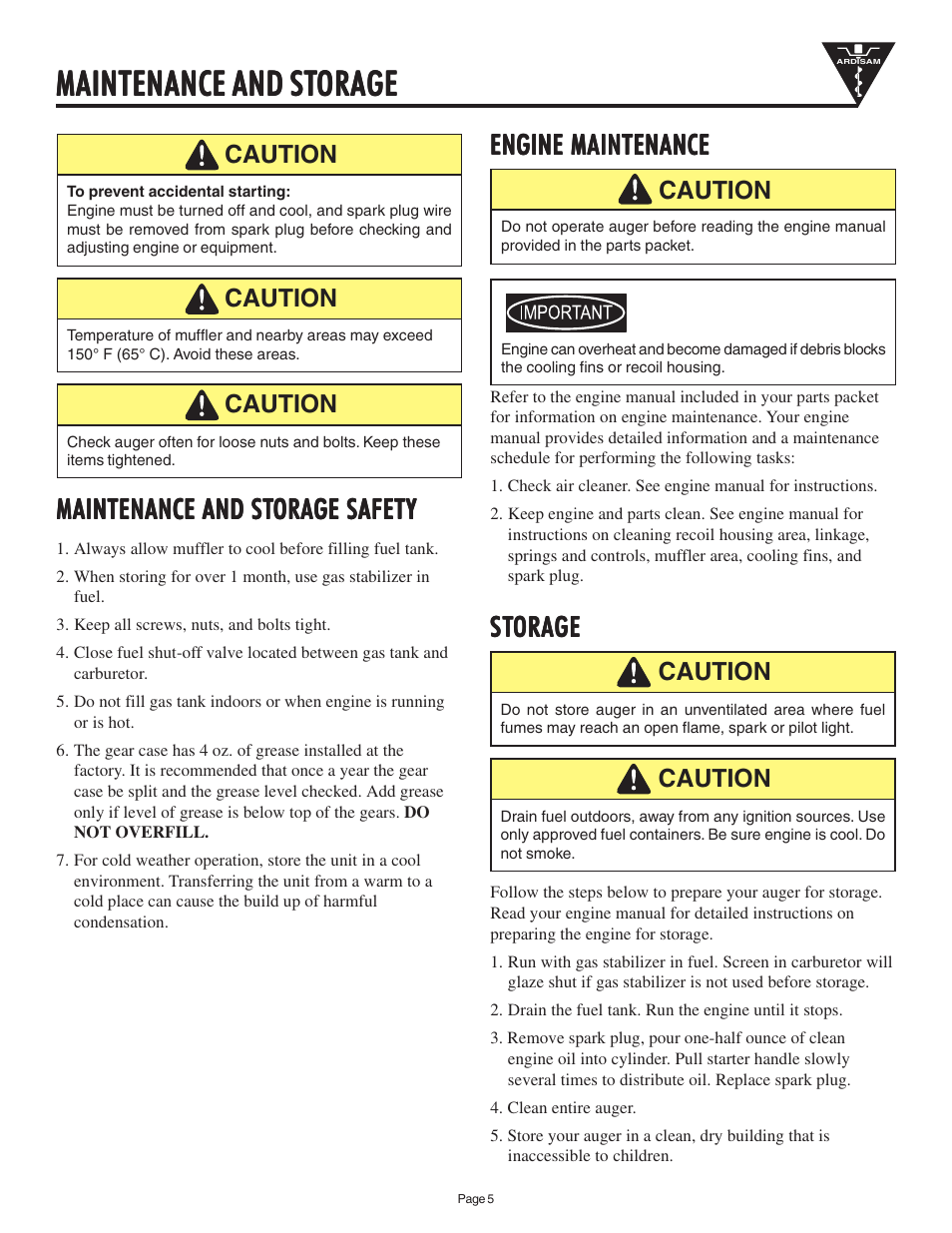 Maintenance and st, Engine maintenance, St storage orage orage orage orage | EarthQuake 9000E User Manual | Page 5 / 12