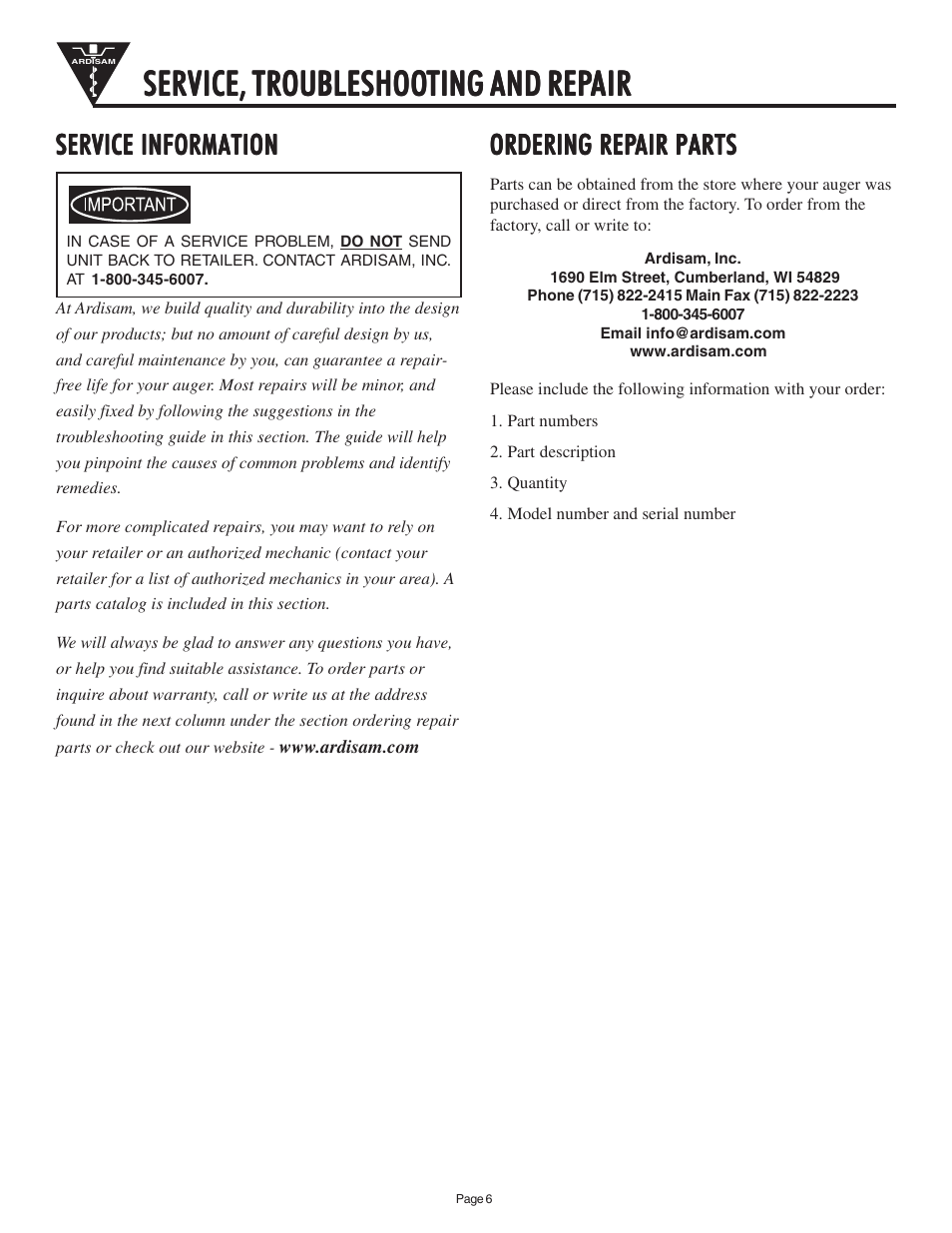 Service, Service information, Ordering rep | EarthQuake 9000E User Manual | Page 6 / 12