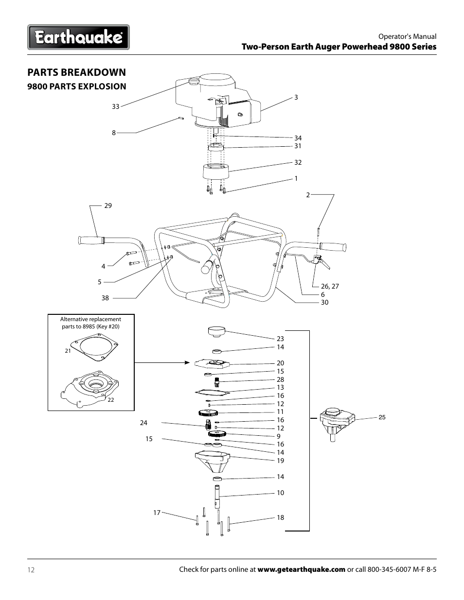 Parts breakdown, Two-person earth auger powerhead 9800 series, 9800 parts explosion | EarthQuake 9800H User Manual | Page 12 / 16