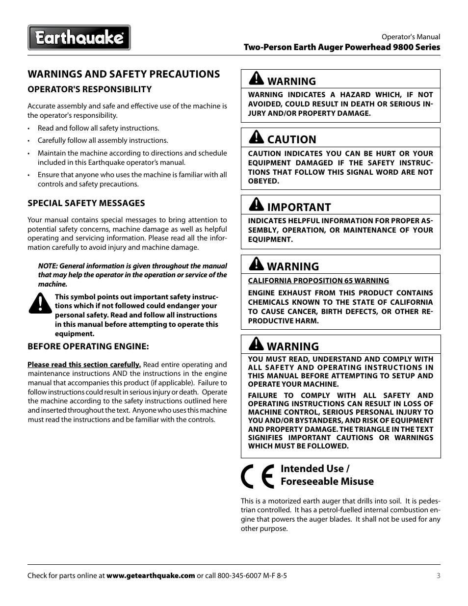 Caution, Important, Intended use / foreseeable misuse | Warnings and safety precautions, Warning | EarthQuake 9800H User Manual | Page 3 / 16