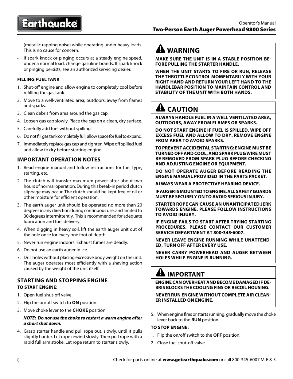 Caution, Warning, Important | EarthQuake 9800H User Manual | Page 8 / 16