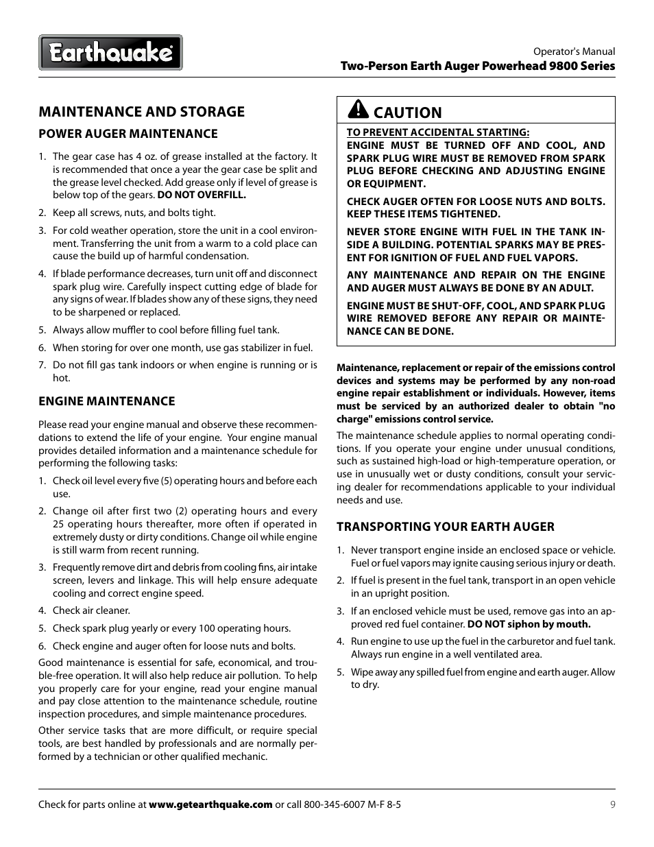 Caution, Maintenance and storage | EarthQuake 9800H User Manual | Page 9 / 16