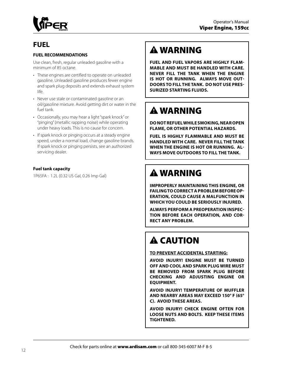 Caution, Warning, Fuel | EarthQuake 60005072 User Manual | Page 12 / 24