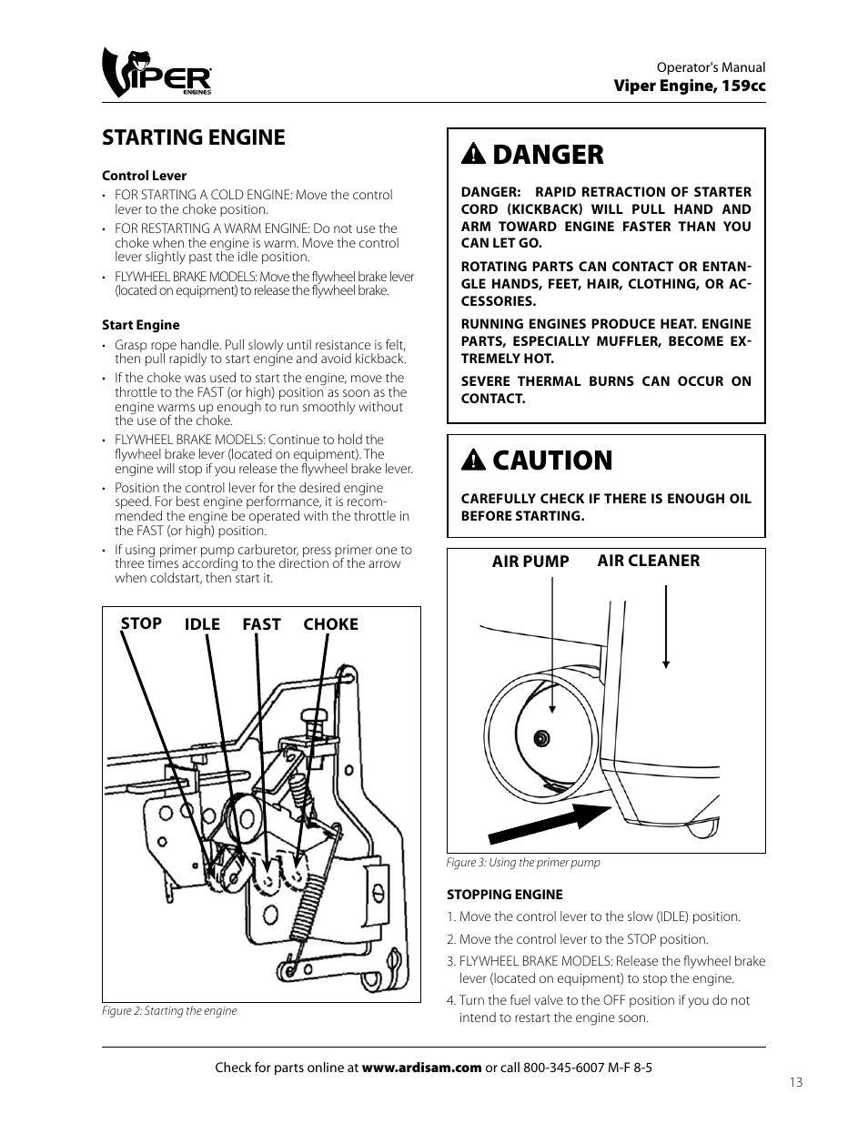 Caution, Danger, Starting engine | EarthQuake 60005072 User Manual | Page 13 / 24